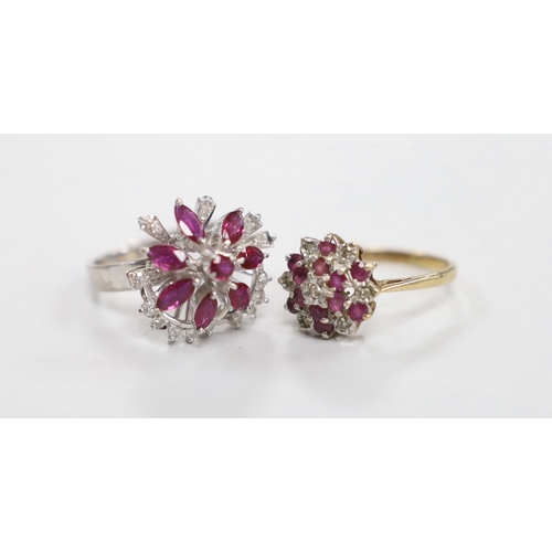 944 - Two modern 9ct gold and gem set cluster dress rings including ruby and diamond, size N, gross weight... 