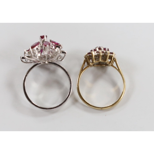 944 - Two modern 9ct gold and gem set cluster dress rings including ruby and diamond, size N, gross weight... 