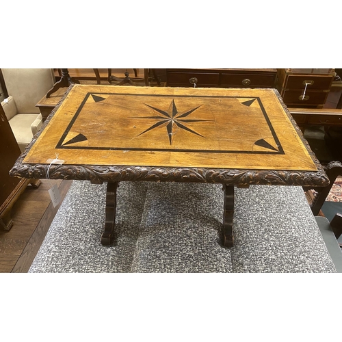 1020 - A Victorian rectangular parquetry inlaid walnut low occasional table, adapted, width 93cm, depth 61c... 