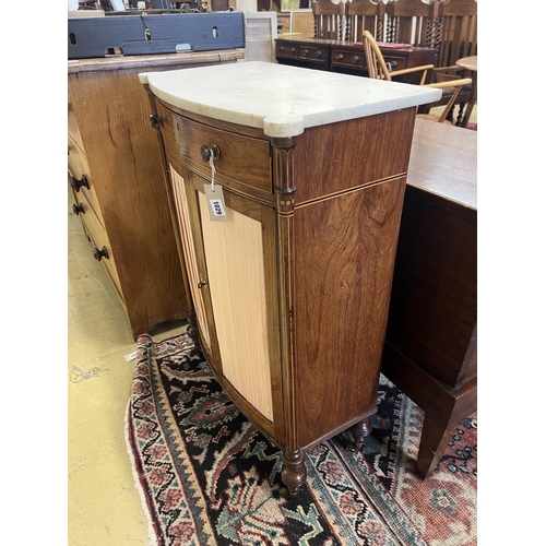 1029 - A George III Sheraton style faded rosewood bow front marble top side cabinet, width 65cm, depth 35cm... 