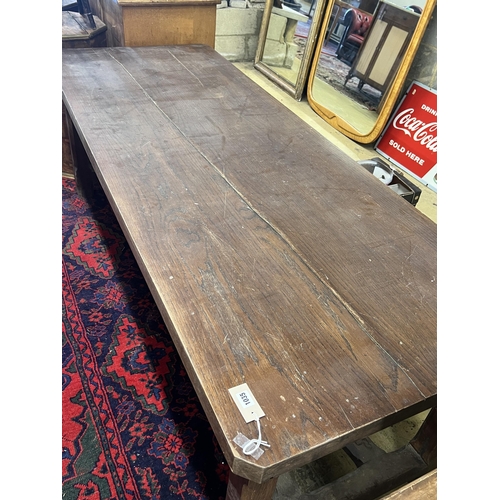 1035 - A late 19th century French oak refectory dining table with 'X' stretcher, length 210cm, width 79cm, ... 