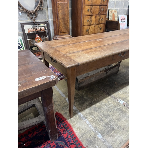 1040 - A 19th century French cherry three drawer kitchen table, length 200cm, width 81cm, height 76cm... 