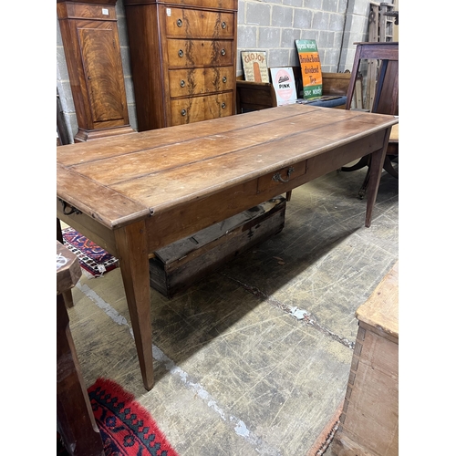 1040 - A 19th century French cherry three drawer kitchen table, length 200cm, width 81cm, height 76cm... 