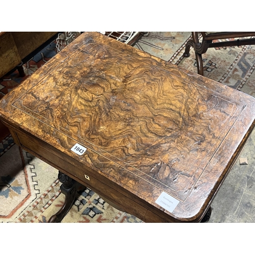 1043 - A Victorian figured walnut rectangular sewing / games table, width 58cm, depth 41cm, height 69cm... 