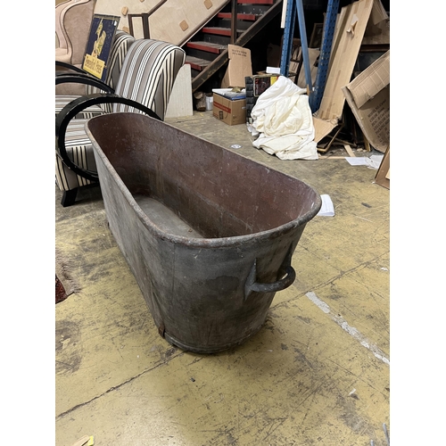 1045 - A vintage French galvanised bath, length 150cm, height 60cm