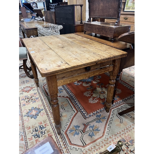 1053 - A small Victorian rectangular pine kitchen table, single frieze drawer, width 103cm, depth 71cm, hei... 