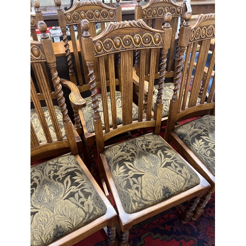 1059 - A set of six 1920's oak barley twist dining chairs, two with arms