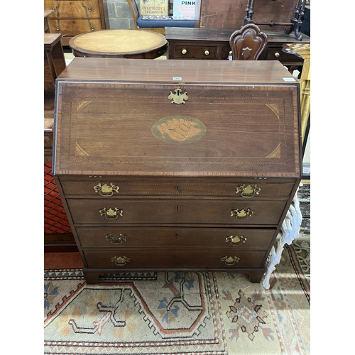 1065 - An Edwardian inlaid mahogany bureau, width 90cm, depth 52cm, height 99cm