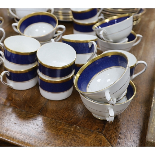 1581 - Coalport Athlone Blue dinnerware including cups and saucers, twin handled bowls and plates, largest ... 