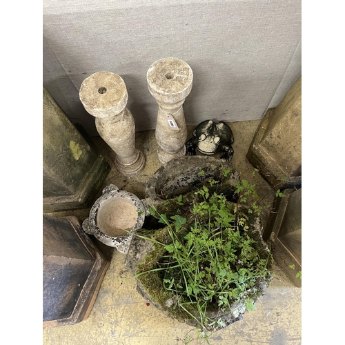 1085 - A reconstituted stone rustic branch garden planter, a pair of baluster columns, mortar and a toad... 