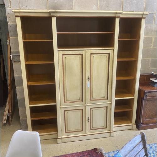 1093 - A reproduction Continental painted breakfront bookcase / media cabinet, width 204cm, depth 55cm, hei... 