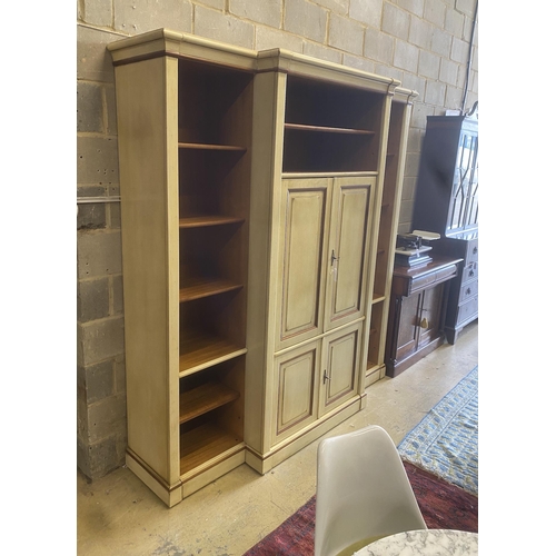 1093 - A reproduction Continental painted breakfront bookcase / media cabinet, width 204cm, depth 55cm, hei... 