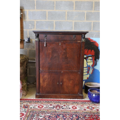 1101 - A 19th century French Empire marbled top secretaire a abbatant, width 96cm, depth 45cm, height 142cm... 