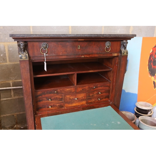 1101 - A 19th century French Empire marbled top secretaire a abbatant, width 96cm, depth 45cm, height 142cm... 