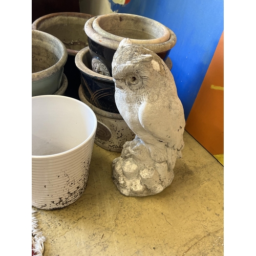 1102 - Ten assorted planters and a reconstituted stone owl garden ornament, largest width 38cm