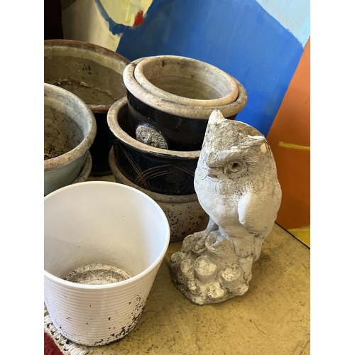 1102 - Ten assorted planters and a reconstituted stone owl garden ornament, largest width 38cm