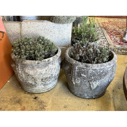 1103 - A pair of circular reconstituted stone garden planters, diameter 38cm, height 30cm