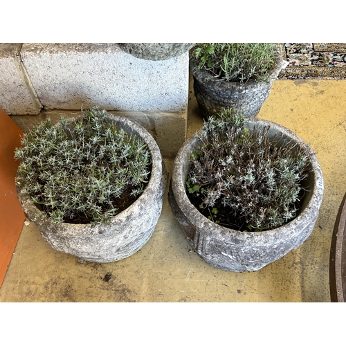 1103 - A pair of circular reconstituted stone garden planters, diameter 38cm, height 30cm