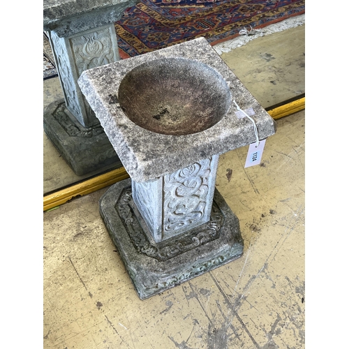 1124 - A square reconstituted stone garden bird bath, width 32cm, height 52cm