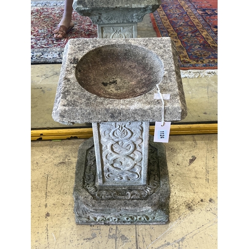 1124 - A square reconstituted stone garden bird bath, width 32cm, height 52cm