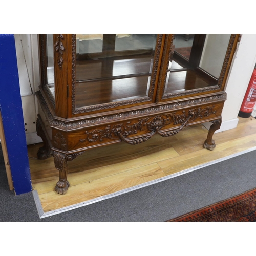 1140 - An early 20th century George I style carved walnut vitrine, width 138cm, depth 50cm, height 218cm... 