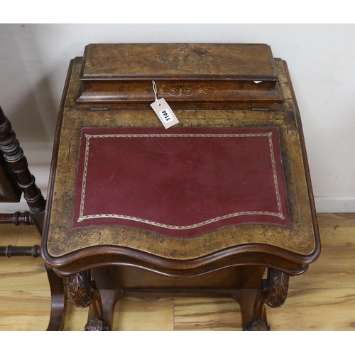 1144 - A Victorian inlaid walnut Davenport, width 55cm, depth 54cm, height 82cm