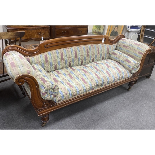 1156 - An early Victorian mahogany upholstered scroll arm settee, length 214cm, depth 62cm, height  90cm... 