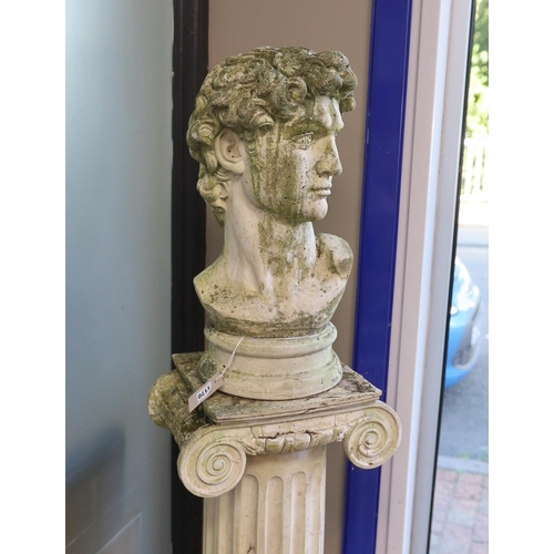 1170 - A reconstituted stone bust of David on ionic column pedestal, height 158cm