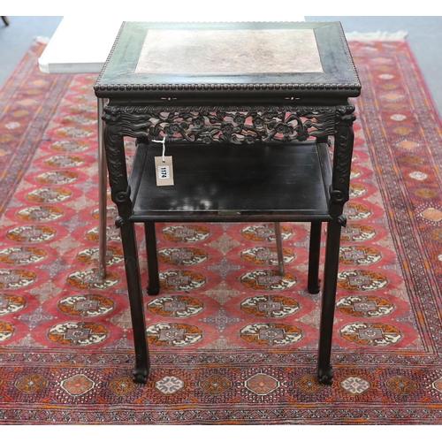 1174 - A Chinese carved hardwood marble topped rectangular two tier table, width 51cm, depth 40cm, height 8... 