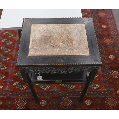 1174 - A Chinese carved hardwood marble topped rectangular two tier table, width 51cm, depth 40cm, height 8... 