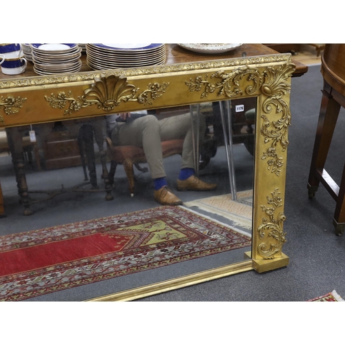 1176 - A Victorian giltwood and composition overmantel mirror width 139cm, height 83cm.