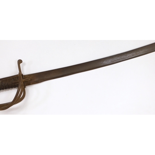 1251 - A military sabre with wrought iron guard stamped 377, blade 89cm