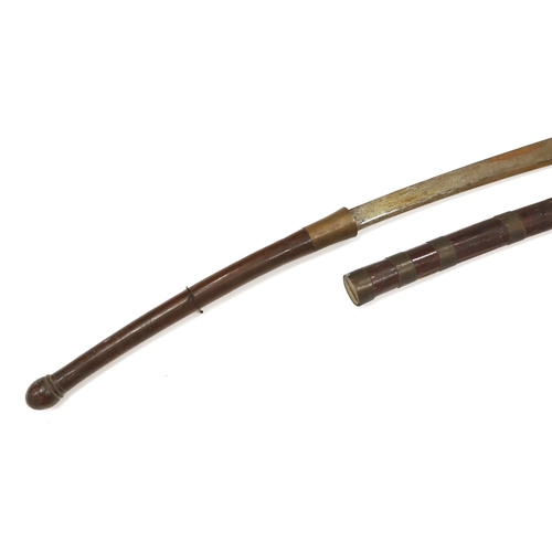 1252 - A large 19th century Burmese dha, in a wooden scabbard with metal bands, long wooden grip, blade 67.... 