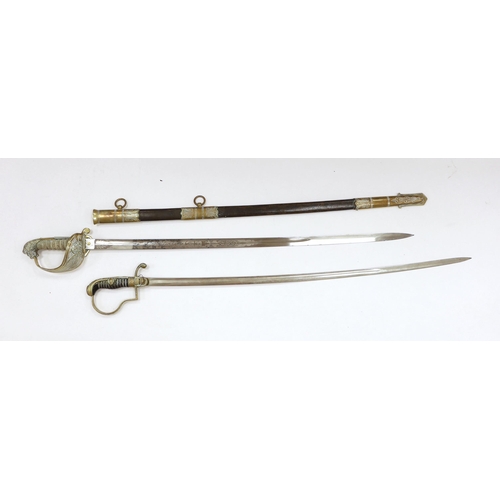 1254 - Victorian Royal Naval Reserves dress sword in brass and leather scabbard, blade 79.7cm and one other... 