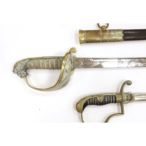 1254 - Victorian Royal Naval Reserves dress sword in brass and leather scabbard, blade 79.7cm and one other... 