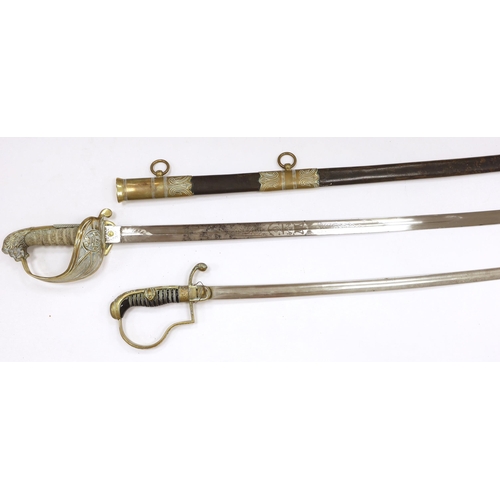 1254 - Victorian Royal Naval Reserves dress sword in brass and leather scabbard, blade 79.7cm and one other... 