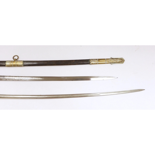 1254 - Victorian Royal Naval Reserves dress sword in brass and leather scabbard, blade 79.7cm and one other... 