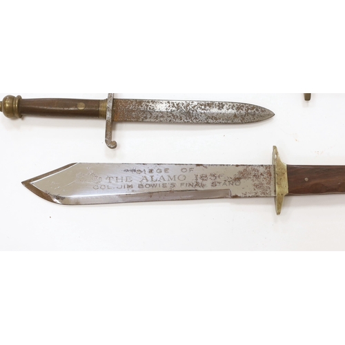 1259 - A Bowie knife with wooden grip, in a leather sleeve, blade etched with Siege of The Alamo 1836 Col.... 