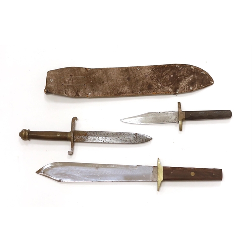 1259 - A Bowie knife with wooden grip, in a leather sleeve, blade etched with Siege of The Alamo 1836 Col.... 