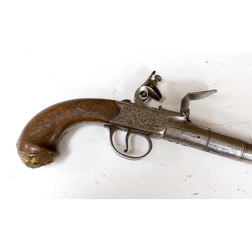 1265 - A Queen Anne style boxlock flintlock cannon barrelled holster pistol by T. London, maker's mark IH, ... 