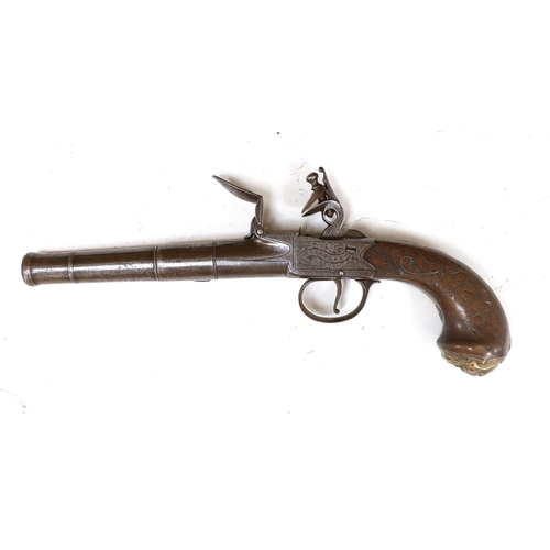 1265 - A Queen Anne style boxlock flintlock cannon barrelled holster pistol by T. London, maker's mark IH, ... 