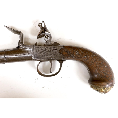 1265 - A Queen Anne style boxlock flintlock cannon barrelled holster pistol by T. London, maker's mark IH, ... 