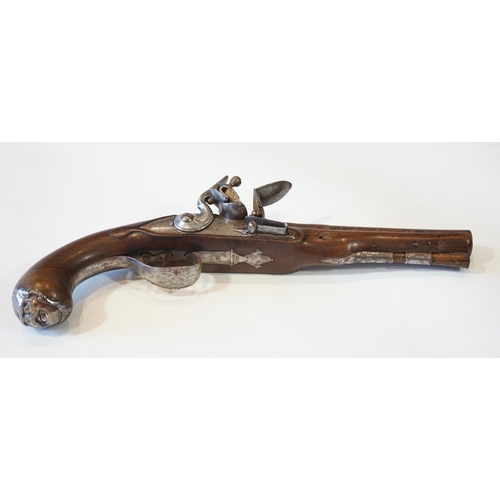 1267 - A partly silver mounted flintlock holster pistol by E. North of London, c.1760, engraved iron trigge... 