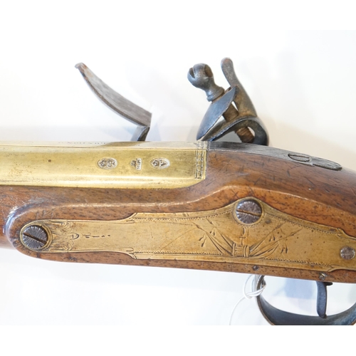 1274 - An English brass barrel flintlock blunderbuss by H W Mortimer, late 18th century, flared brass barre... 