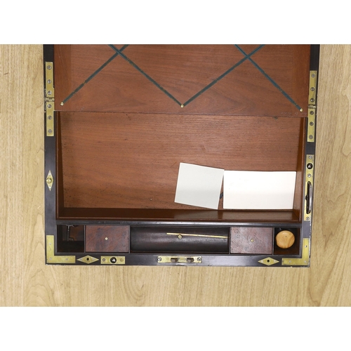 1283 - A George IV mahogany, ebony and brass ship's writing slope, screw fixings to each side with fitted k... 