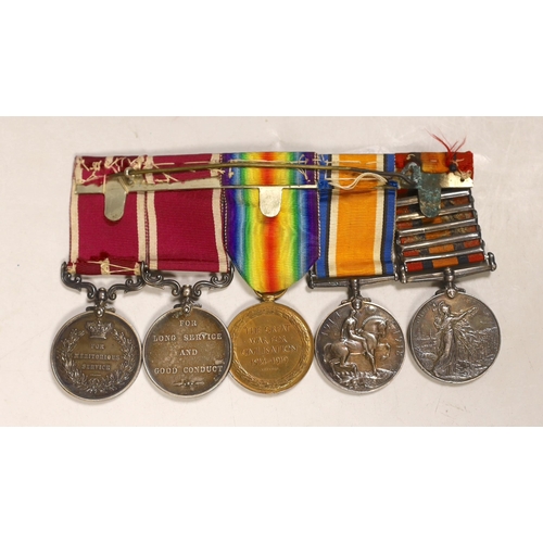 1298 - A Queens South Africa medal and WWI and meritorious service group of 5 medals to Lieut. O. Preston,... 