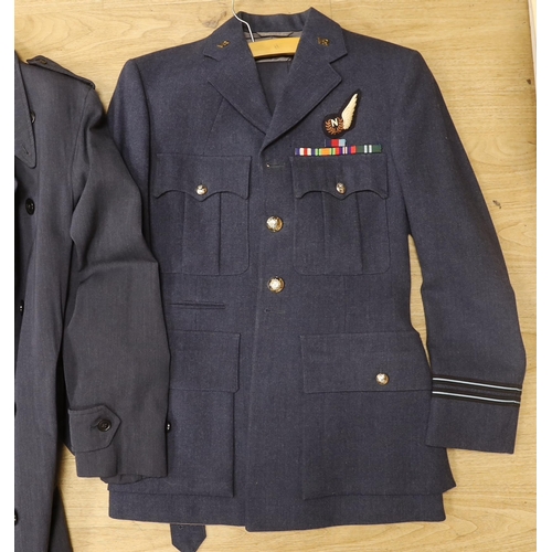 1316 - A collection of post-war RAF uniforms, comprising; two caps, double-breasted overcoat, dress uniform... 