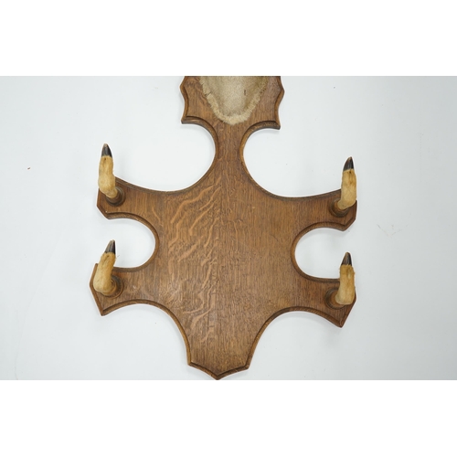 1337 - A taxidermic deer head with four hooves in the form of a coat hook, 80cm high