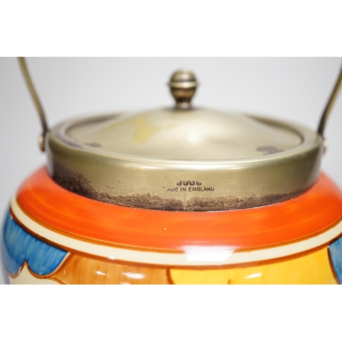 1339 - A Clarice Cliff biscuit jar, Blue Autumn, c.1931 with silver plated lid and swing handle, 21cm high... 