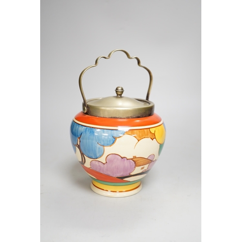 1339 - A Clarice Cliff biscuit jar, Blue Autumn, c.1931 with silver plated lid and swing handle, 21cm high... 